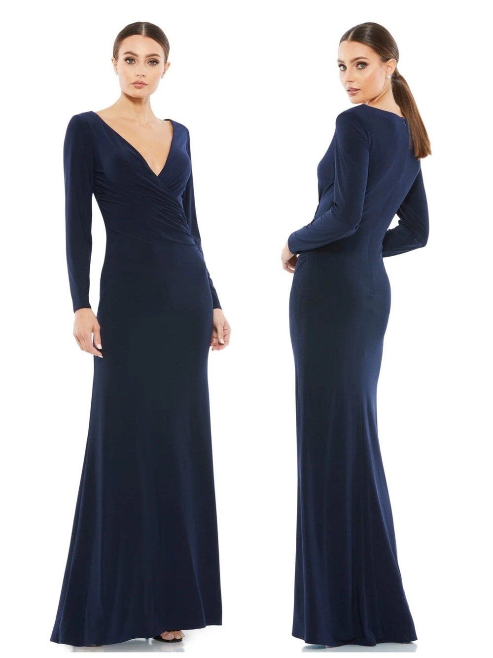Mac Duggal Midnight Navy Blue Long-Sleeve V-Neck Gown Maxi Dress 26573 NWT $348